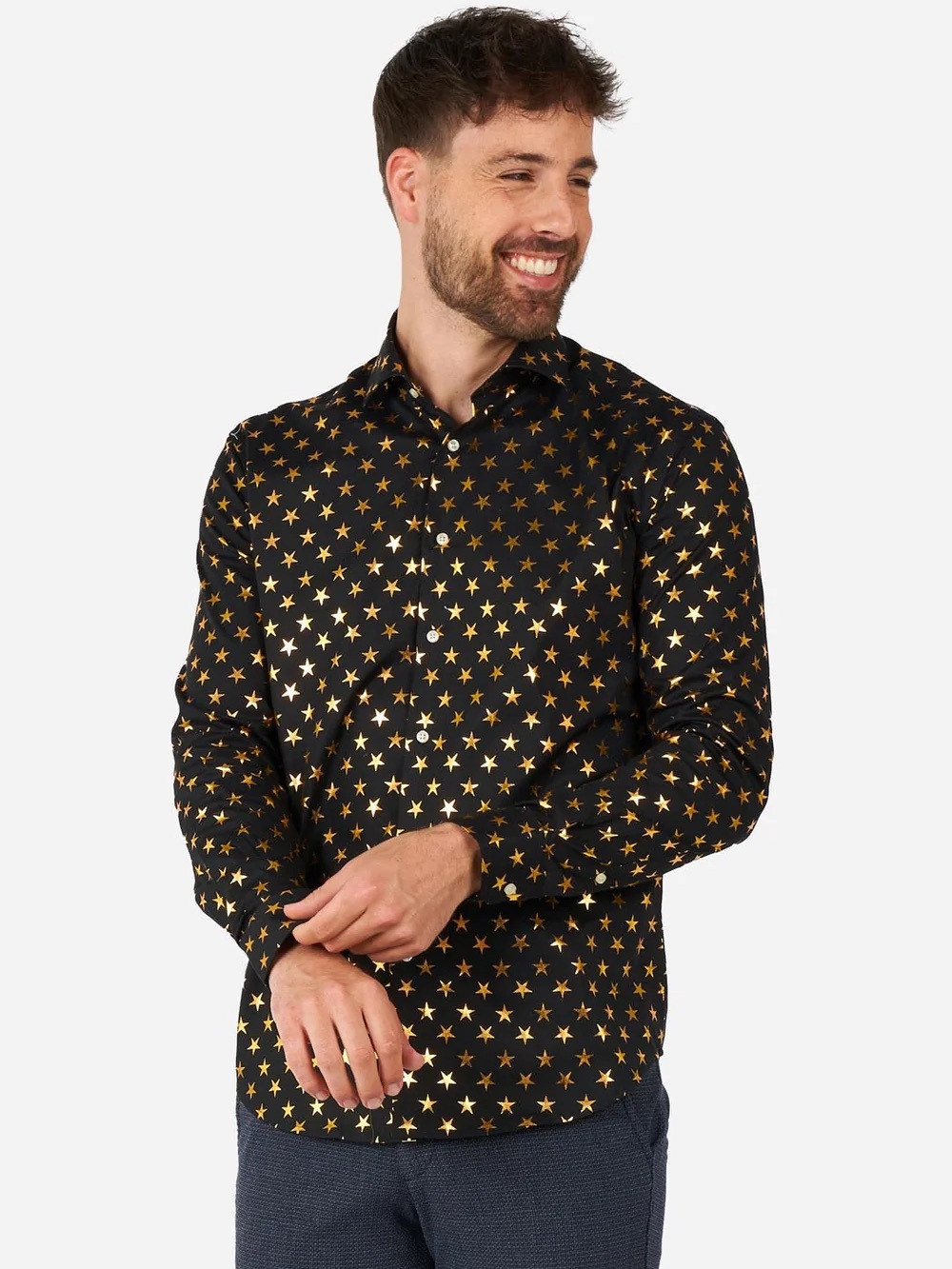 OppoSuits Black Shirt with Gold Star Pattern
